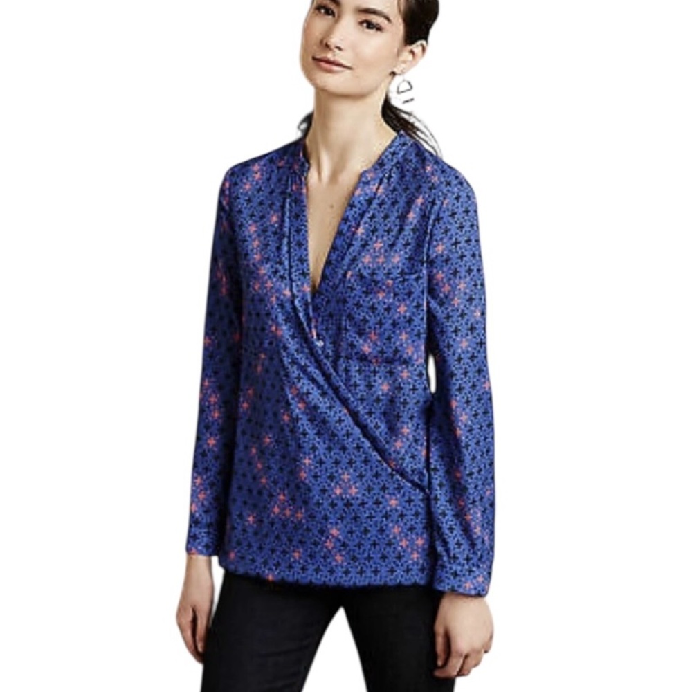 LN Anthropologie Maeve Eva Blue Printed Faux Wrap Draped Blouse - 10
